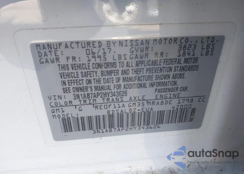 2017 Nissan Sentra Sv z USA, uszkodzony, nr VIN 3N1AB7AP2HY343626